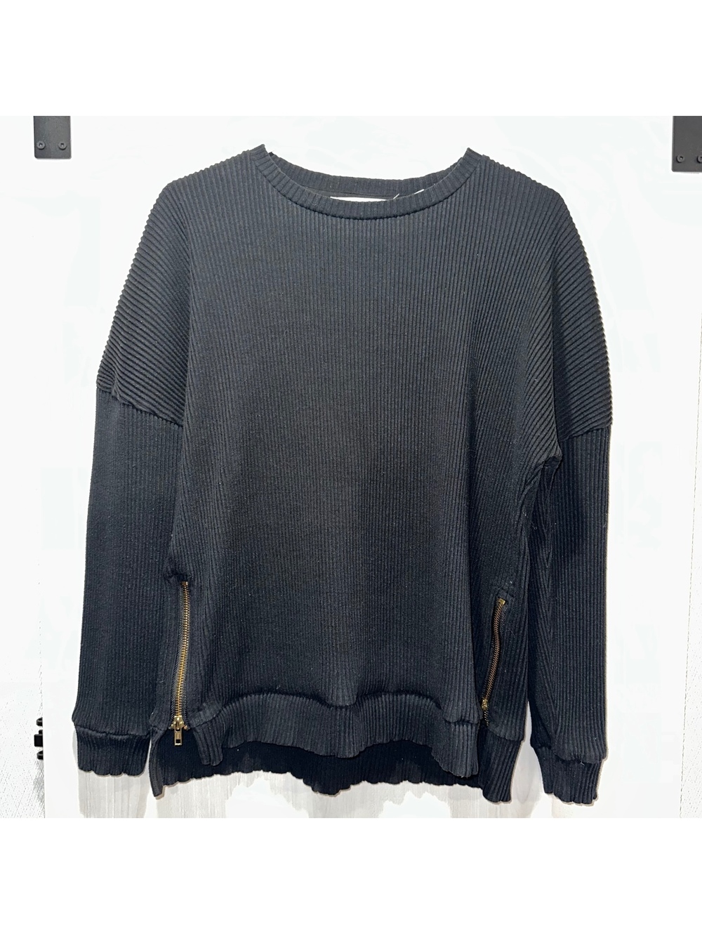 CHRLDR Cheerleader Black Ribbed Long Sleeve Sweater with Side Zippers, Size M
